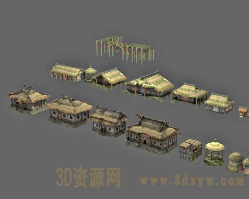 游戏房子草棚模型 茅草屋 走廊
