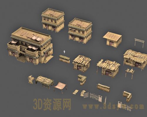 龙门客栈模型 土房子 荒漠房子 围栏 围墙模型